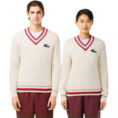 Lacoste V Neck Cable Knit Jumper
