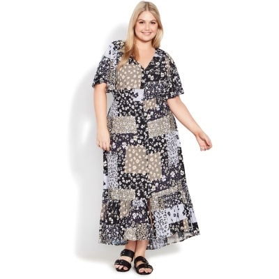Rochie Evans Patchwork Floral Print Angel Sleeve Maxi