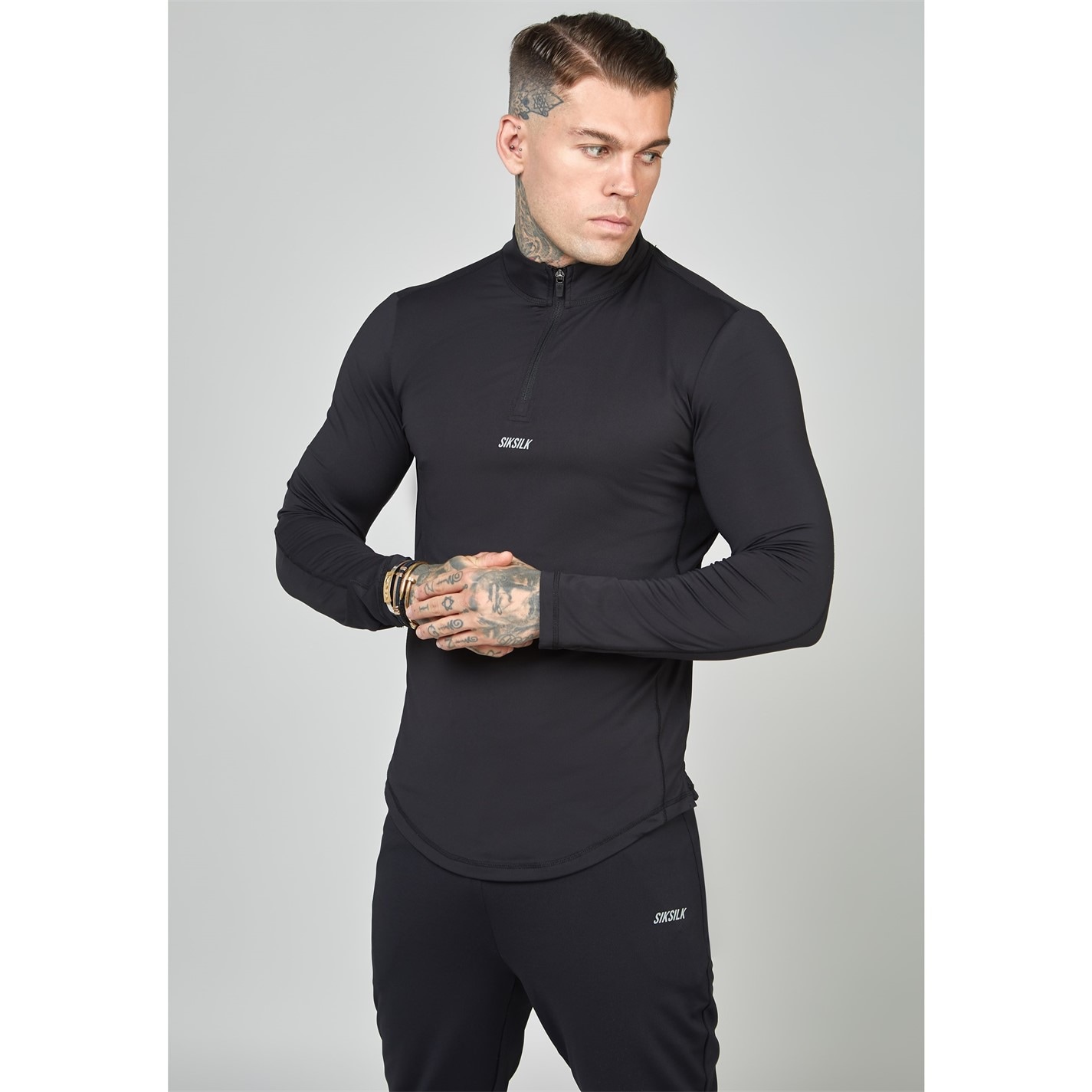 SikSilk Camo Sports Muscle Fit Quarter Zip Maneca Lunga Top barbat