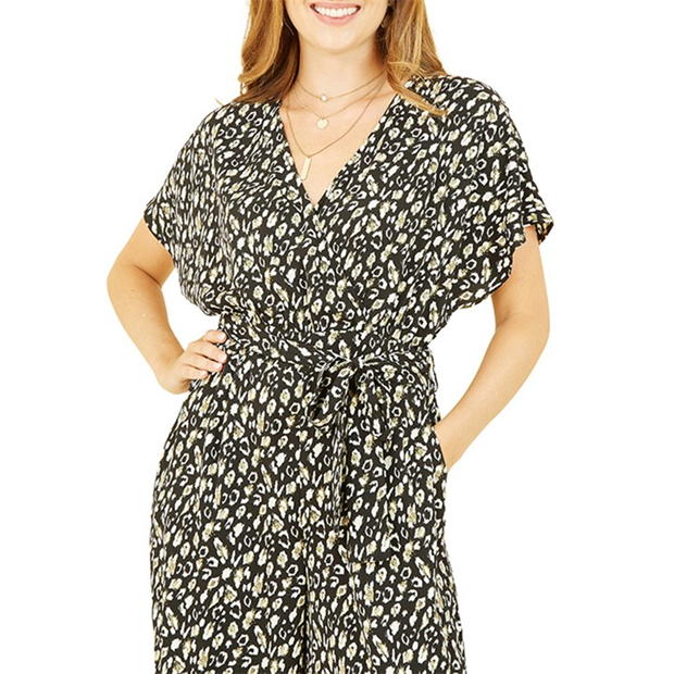 Yumi Yumi Black Animal Print Kimono Jumpsuit
