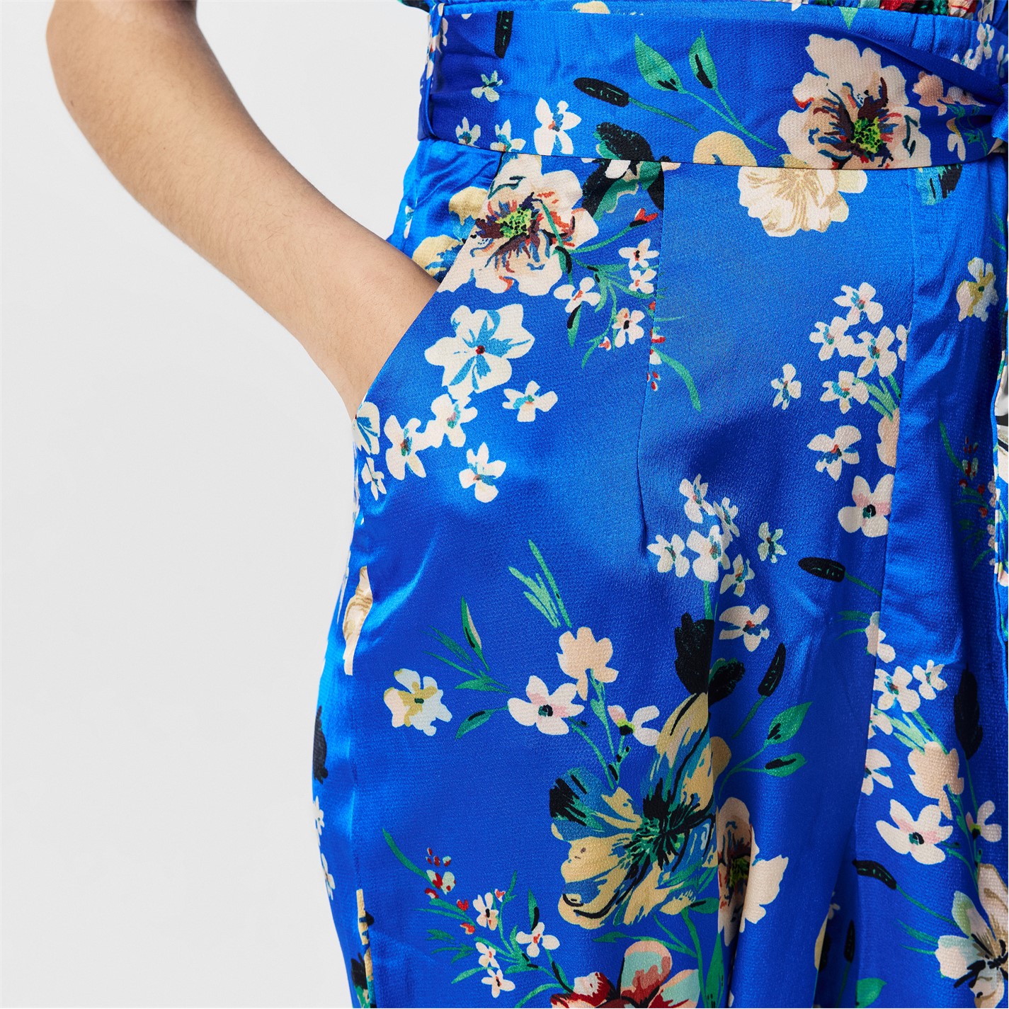 Yumi Yumi Blue Satin Floral Wrap Jumpsuit
